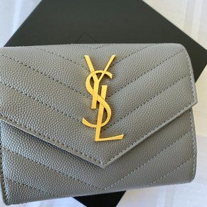 Saint Laurent MONOGRAM COMPACT TRI-FOLD WALLET IN GRAIN DE POUDRE EMBOSSED LEATH